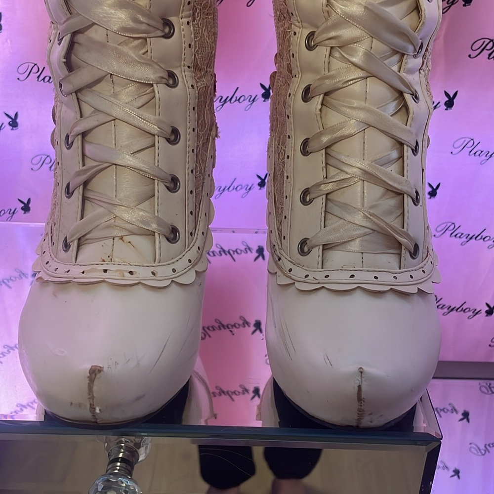 Ellie Shoes Ivory Lace-Up Victorian Heeled Boots - Picture 6 of 11